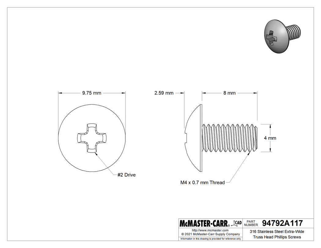 Technical Drawing of 316 Stainless Steel Extra-Wide Truss Head Phillips Screws, M4 x 0.7mm Thread, 8mm Long.